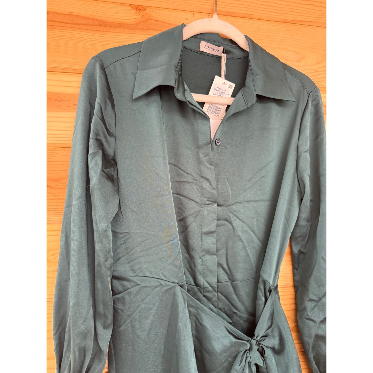 SIMKHAI Jonathon Simkhai Samba Wrap-effect Satin Midi Shirt Dress in Emerald Size 2
