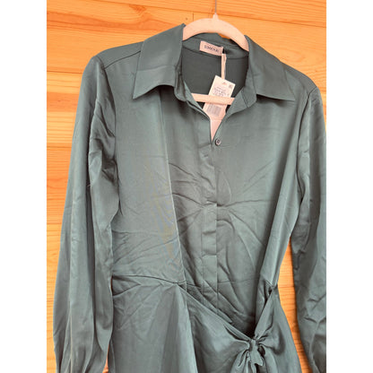 SIMKHAI Jonathon Simkhai Samba Wrap-effect Satin Midi Shirt Dress in Emerald Size 2