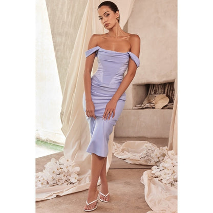 House of CB Natalye Sky Blue Off Shoulder Corset Ruched Midi Dress Size S