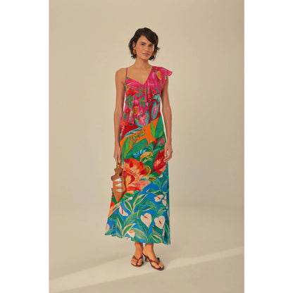 FARM Rio Midi Dress Mixed Flowery Ruffle One Strap Size XS Floral Summer Party