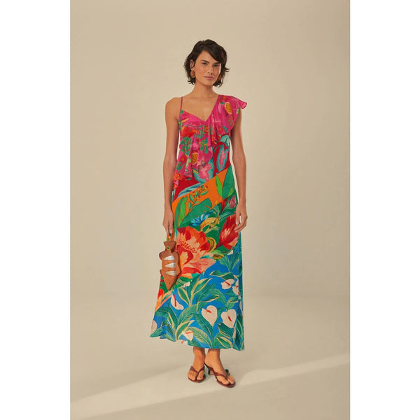 FARM Rio Midi Dress Mixed Flowery Ruffle One Strap Size XS Floral Summer Party