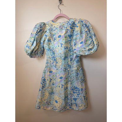 Lovaan Floral Puff Sleeve Mini Dress Blue Yellow V-Neck Summer Garden Party NEW