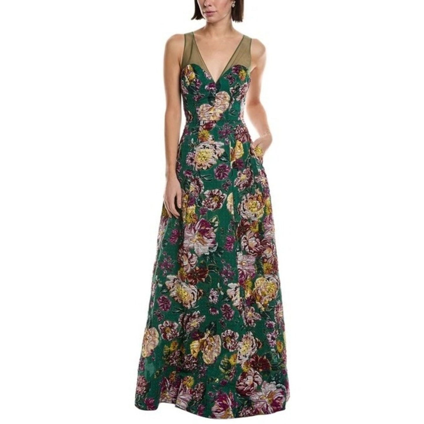 Marchesa notte Floral Jacquard Maxi Dress Sleeveless Mesh V-Neck Gown Multi