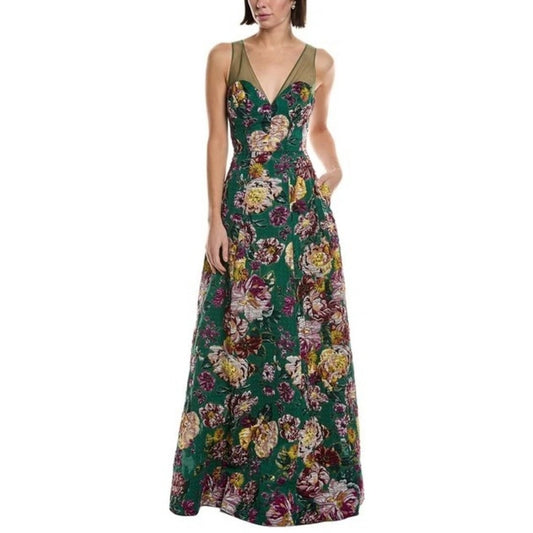 Marchesa notte Floral Jacquard Maxi Dress Sleeveless Mesh V-Neck Gown Multi