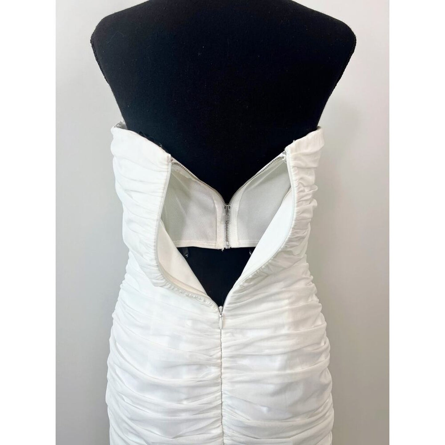 Majorelle‎ Ursula Mini Dress in White Medium Asymmetrical Strapless Ruched Mesh
