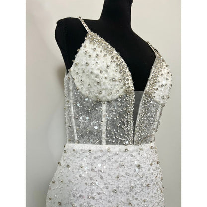 Mac Duggal Embellished Trumpet Gown‎ Dress in White Size 6 Sequin Wedding Bridal