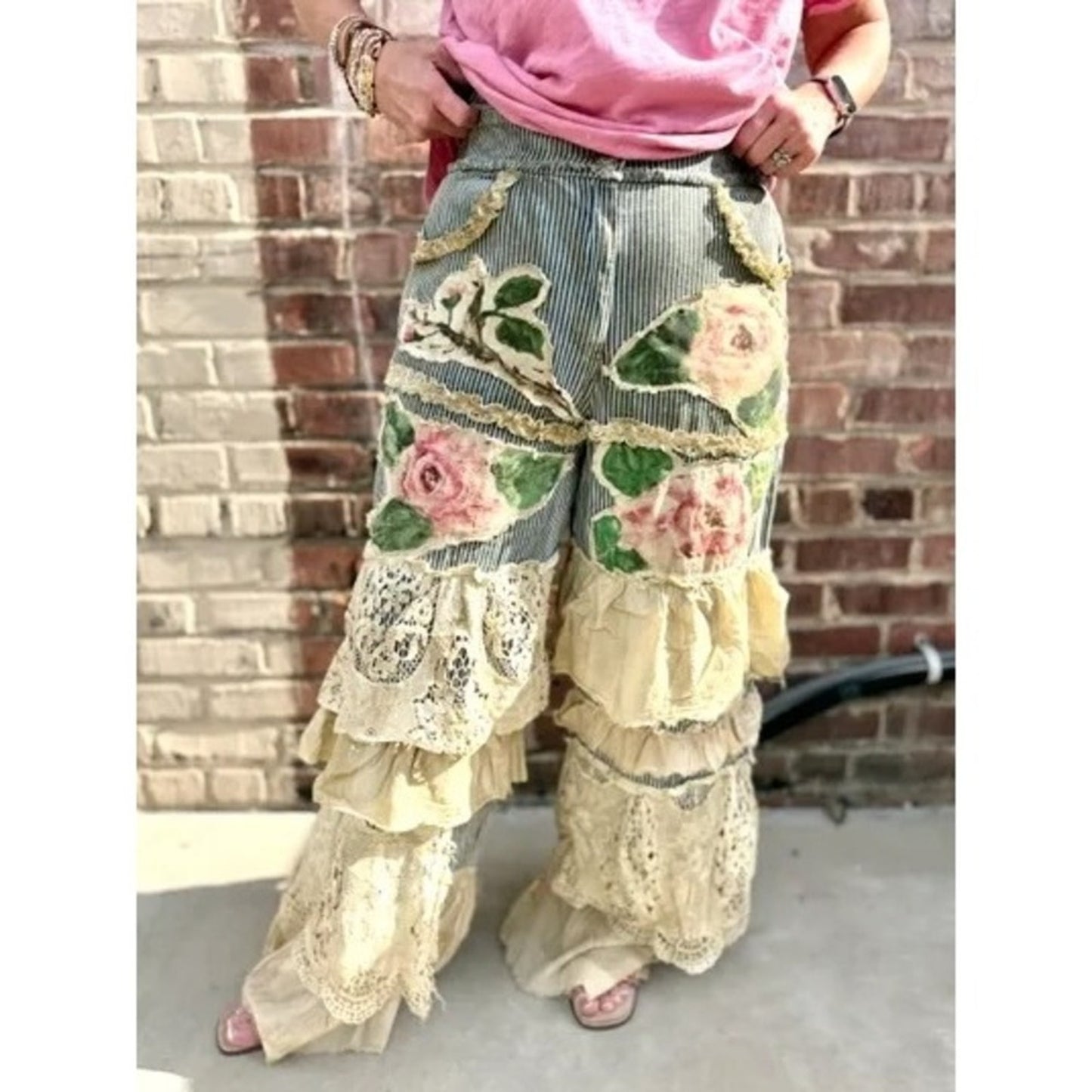 A Rare Bird Floral Applique Lace Ruffle Tiered Wide Leg Pants Blue Cream