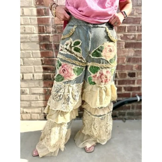 A Rare Bird Floral Applique Lace Ruffle Tiered Wide Leg Pants Blue Cream