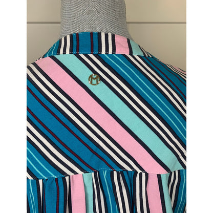 Marie Oliver Shift Dress in Blue Multi Striped Small Long Sleeve V-Neck Silk