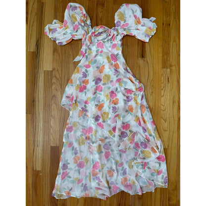 For Love & Lemons Petal Midi Dress Floral Size XXS Short Sleeve Asymmetrical