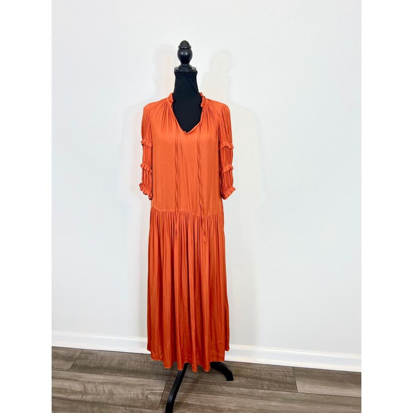 Rebecca Taylor Women's Pleated Sleeve Dress in Orange Size XS Midi A-Line V-Neck