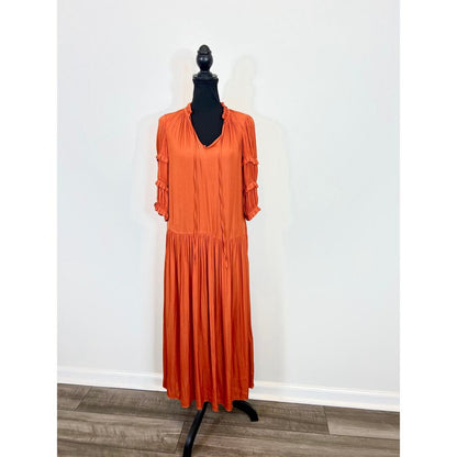 Rebecca Taylor Women's Pleated Sleeve Dress in Orange Size XS Midi A-Line V-Neck