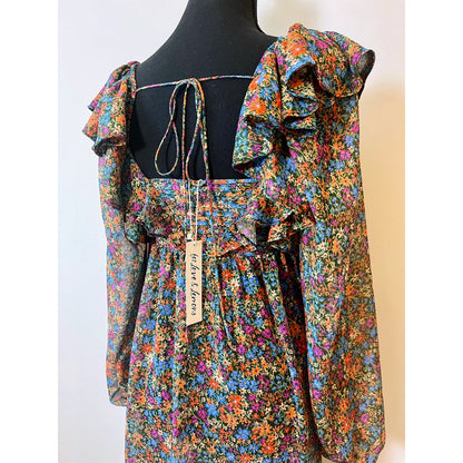 For Love & Lemons Brittany Midi Dress in Blue Size XS Ditsy Floral Long Sleeve