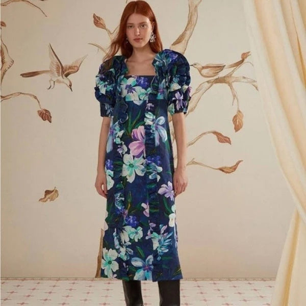 Farm Rio Maxi Dress Blue Floral Square Neck Puff Sleeve Midi M