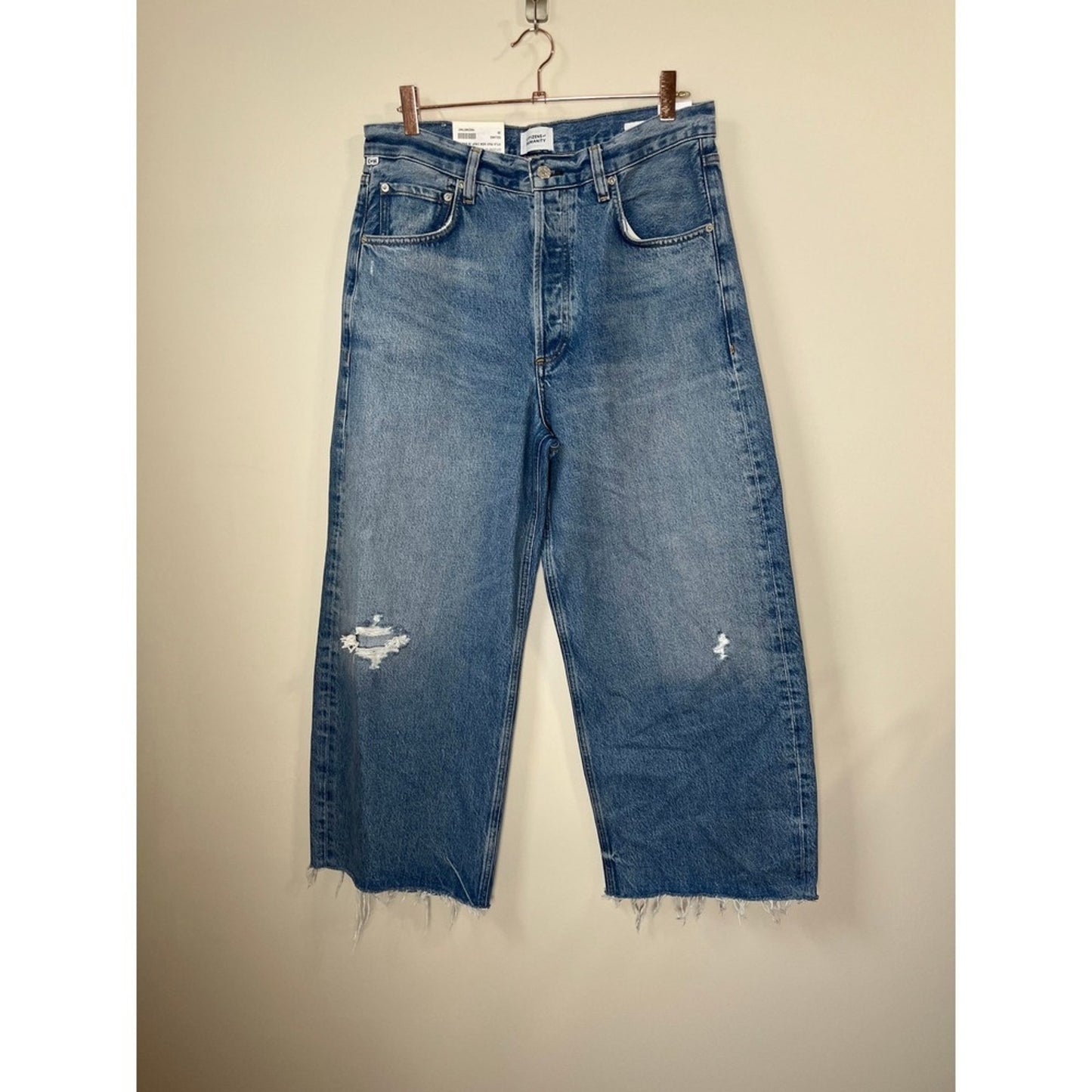 Citizens of Humanity Wide Leg Jeans Distressed Cropped Raw Hem Blue Wash Size 30