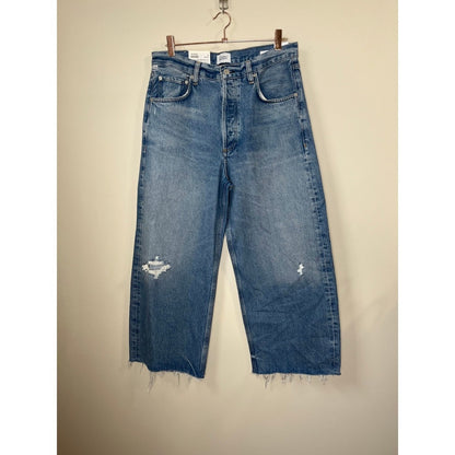 Citizens of Humanity Wide Leg Jeans Distressed Cropped Raw Hem Blue Wash Size 30