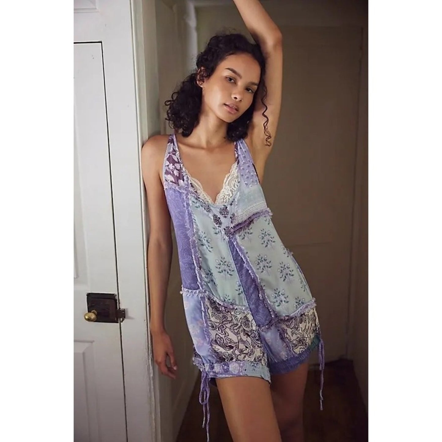 Free People Intimately Adella Mixed Print Romper Blue Combo XS New OB2093696