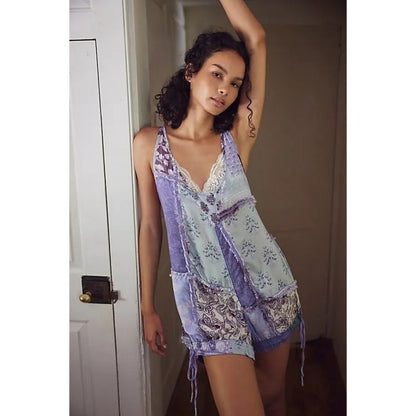 Free People Intimately Adella Mixed Print Romper Blue Combo XS New OB2093696