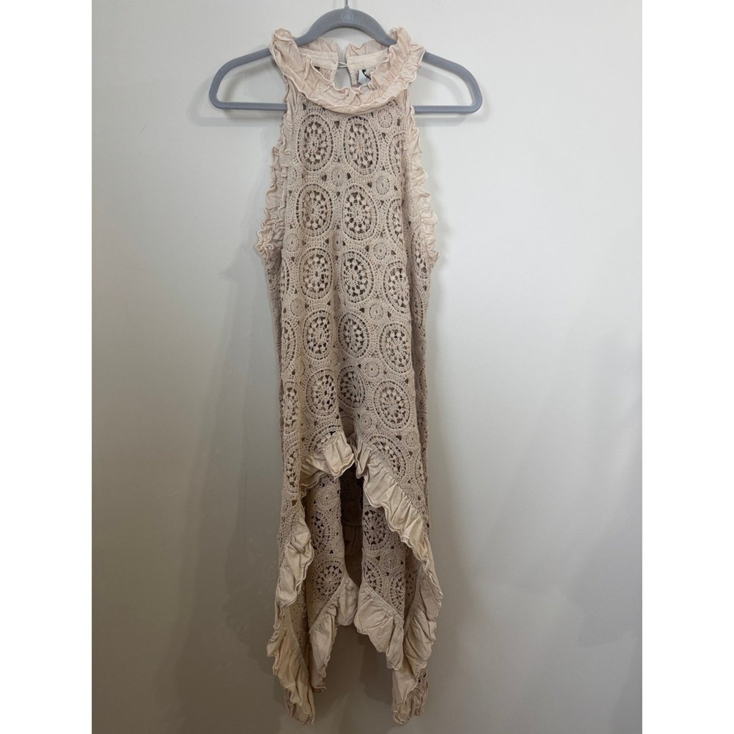 Jaded Gypsy Crochet Lace Ruffle High Neck Tunic Top Beige Sleeveless Lagenlook