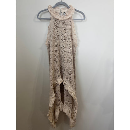 Jaded Gypsy Crochet Lace Ruffle High Neck Tunic Top Beige Sleeveless Lagenlook