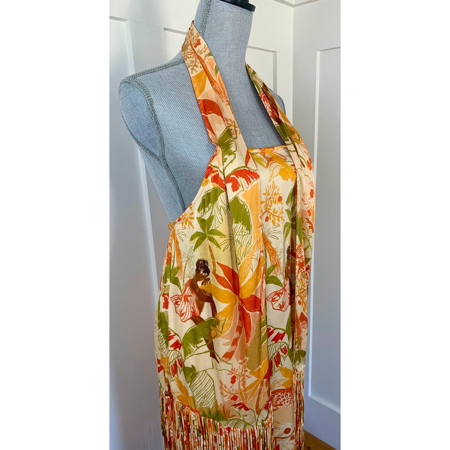 Farm Rio Leopard Forest Sand Mini Dress Multicolor Medium Halter Fringe Hem