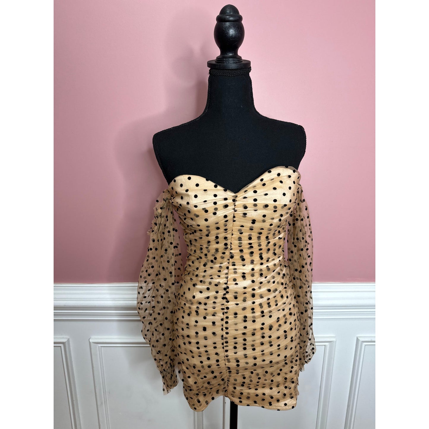 Majorelle Secrets Dress in Dark Nude Polka Dots Size XS Sheer Long Sleeve Lined