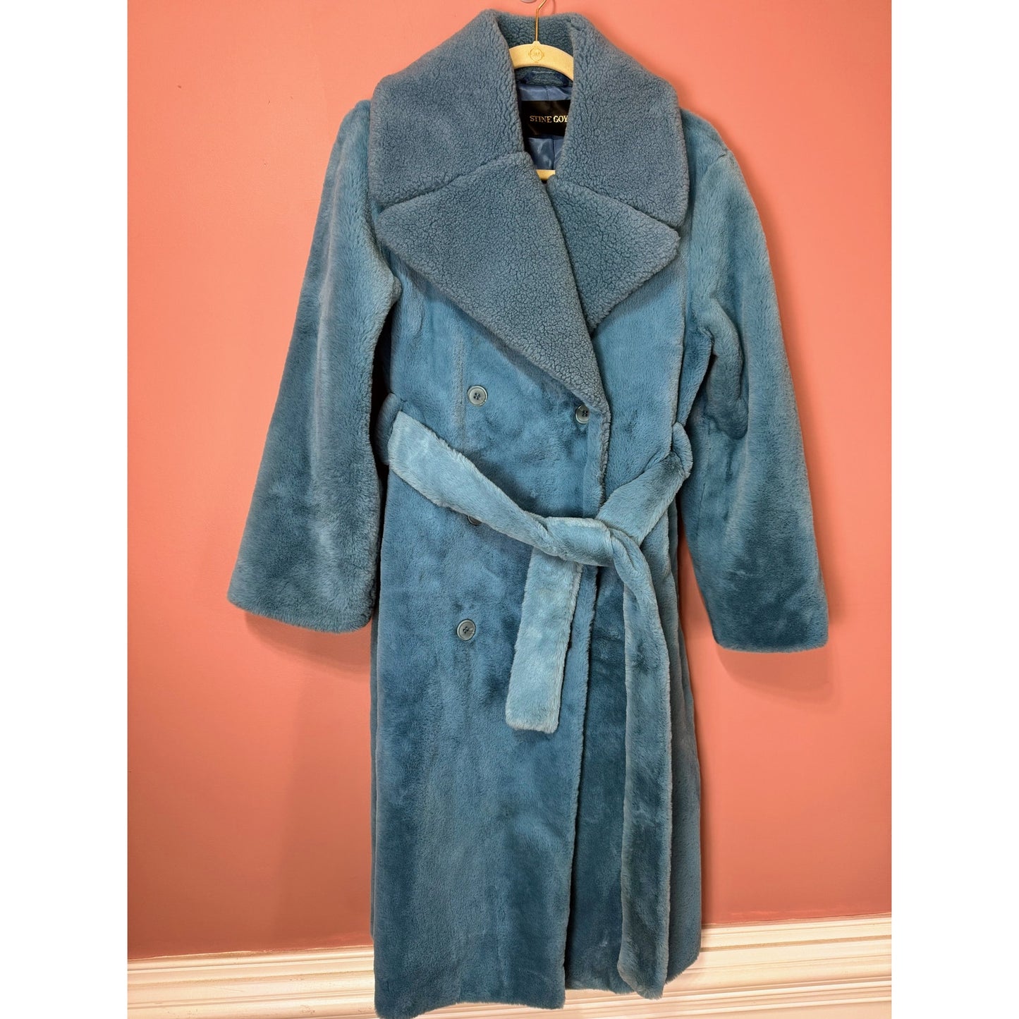 STINE GOYA Happy Faux Fur Jacket in Teal Blue XS