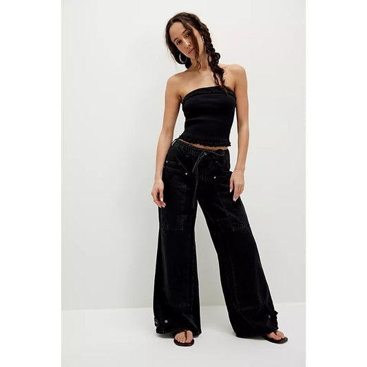 Free People Wide Leg Cargo Pants Black Denim Elastic Waist M