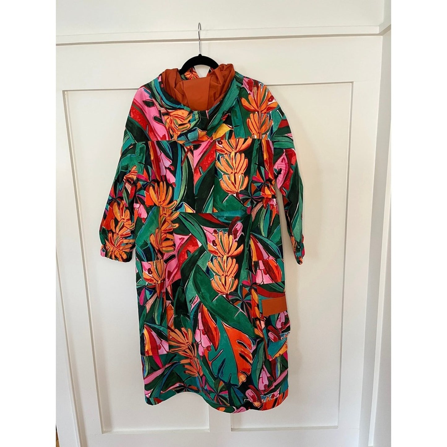 FARM Rio Long Windbreaker Jacket Tropical Botanical Print Drawstring Hooded XL