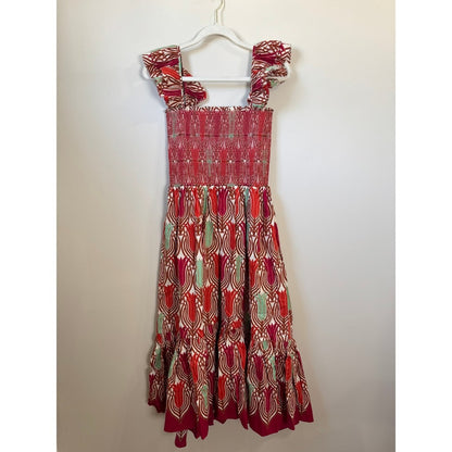 Cara Cara Smocked Midi Dress Red Tulip Print Ruffle Strap Tiered NWT