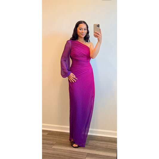 Rococo Sand Paige Long Dress in Pink/Purple Ombre Large One Shoulder Ruched