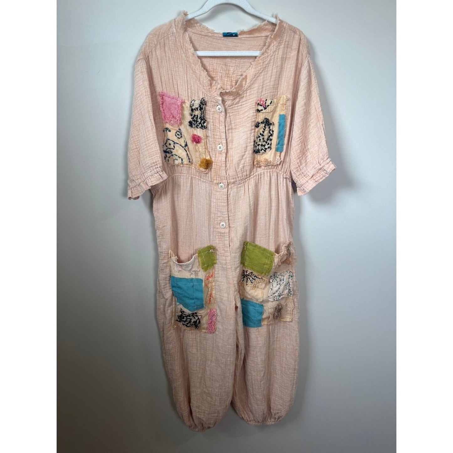 Jaded Gypsy Peach Gauze Patchwork Jumpsuit Boho to Wear One Size Relaxed L/XL