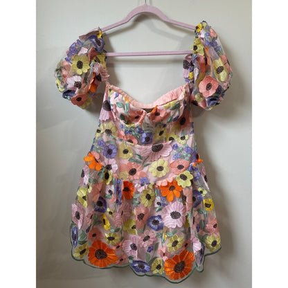 For Love & Lemons Pink Floral Embroidered Bustier Mini Dress Puff Sleeve New