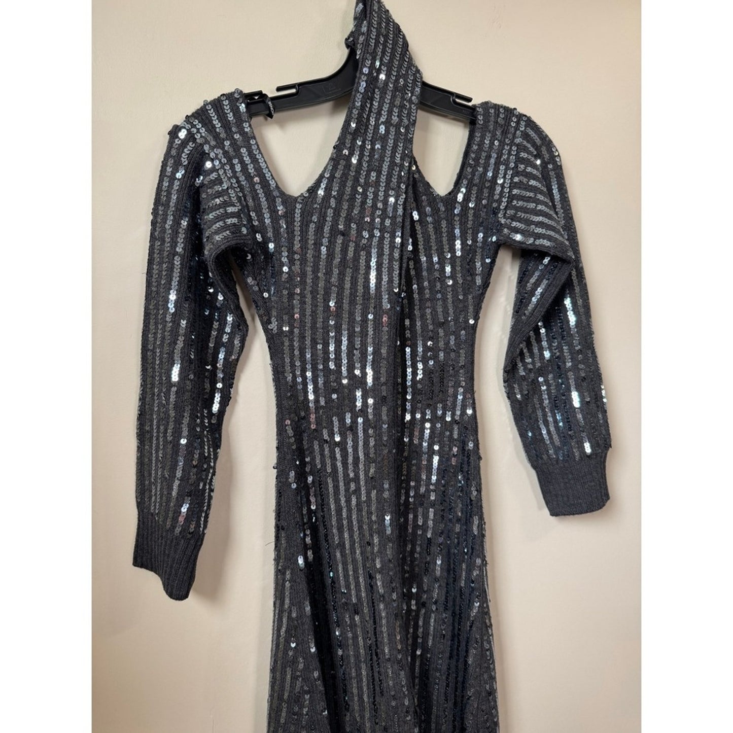 Monse Sequin Cold Shoulder Knit Midi Dress Grey Fringe Halter XS