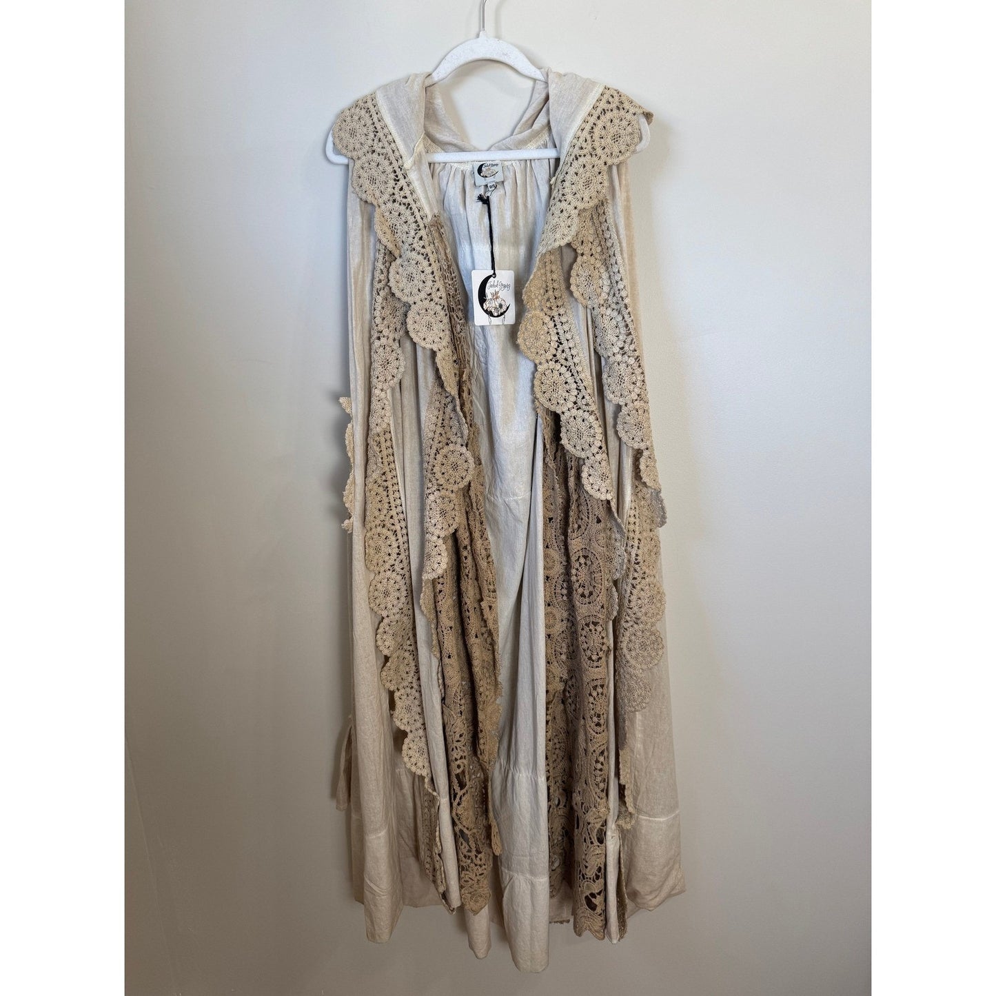 Jaded Gypsy Willow Wind Long Duster Vest Kimono Lace Trim Beige Boho Festival