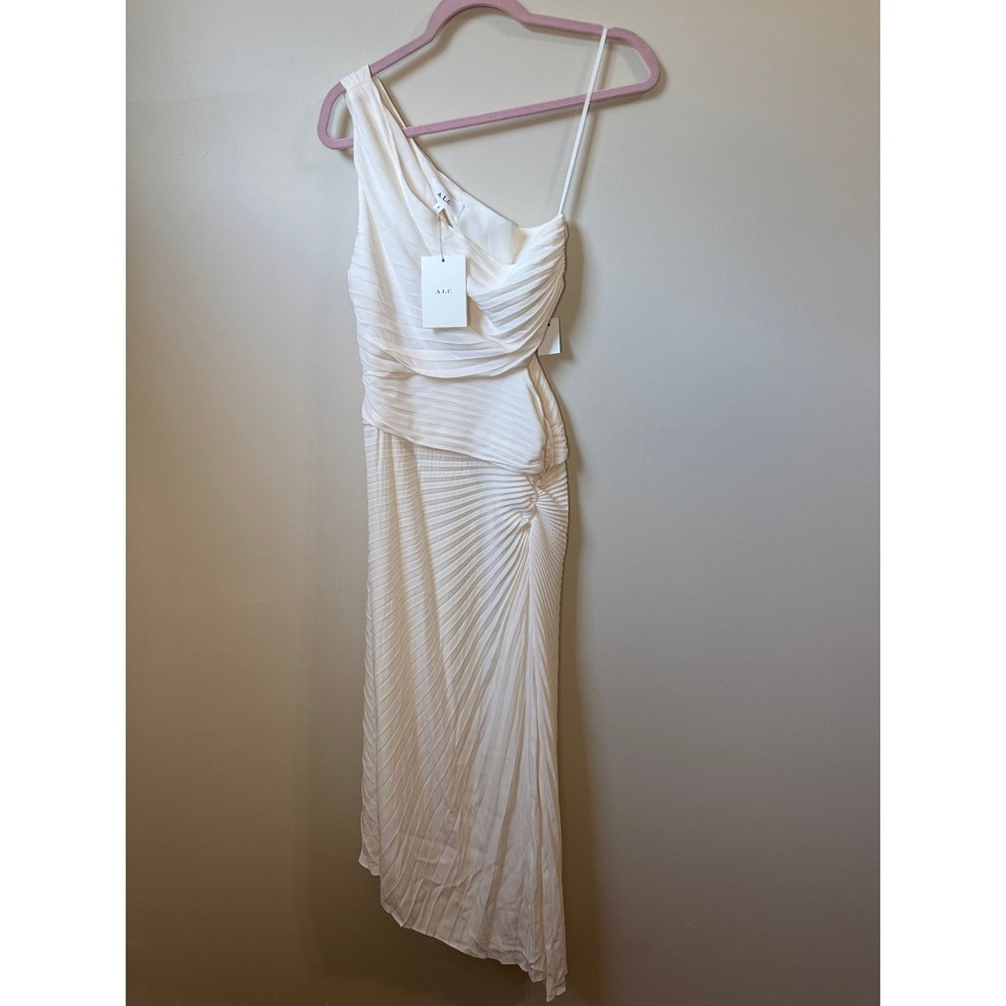ALC Delfina One Shoulder Pleated Cutout Midi Dress Whisper White Size 8 NEW