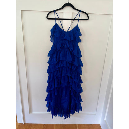 NEW NWT Anthropologie Tiered Ruffle High Low Midi Dress Royal Blue Size XS