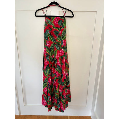 FARM Rio Tropical Maxi Dress Red Green Pink Floral Tie Back Spaghetti Strap