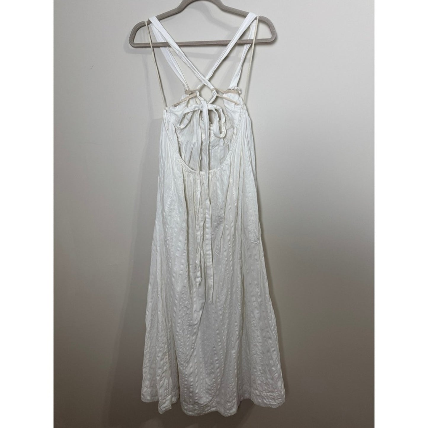 Free People White Textured Midi Dress Bohemian Open Back Tie Straps Womens Large