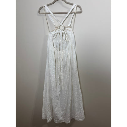 Free People White Textured Midi Dress Bohemian Open Back Tie Straps Womens Large
