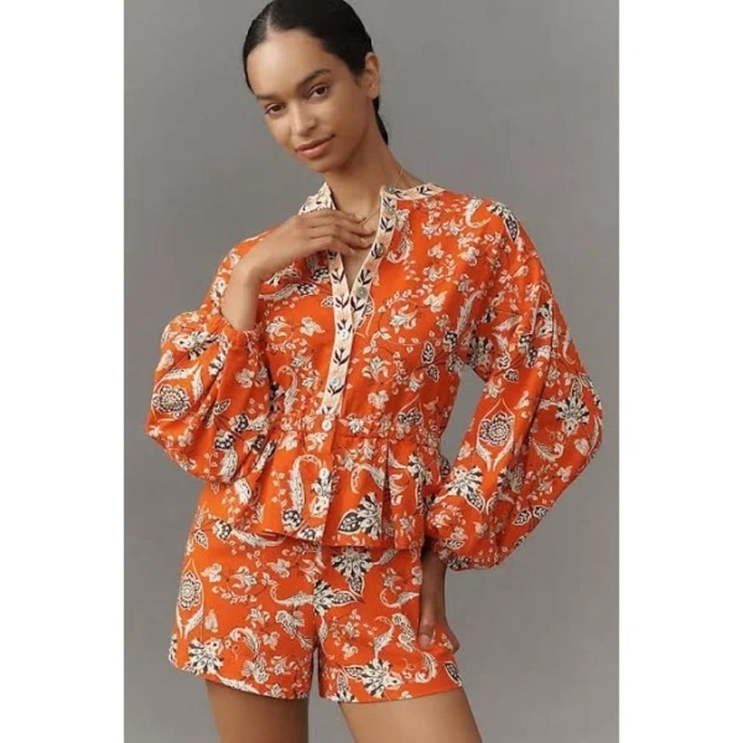 Farm Rio Printed Kimono Style Romper Shorts Orange Black White