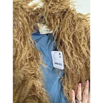 Free People Moon Glow Velvet Coat Blue Tan Embroidered Faux Fur Trim Medium NEW