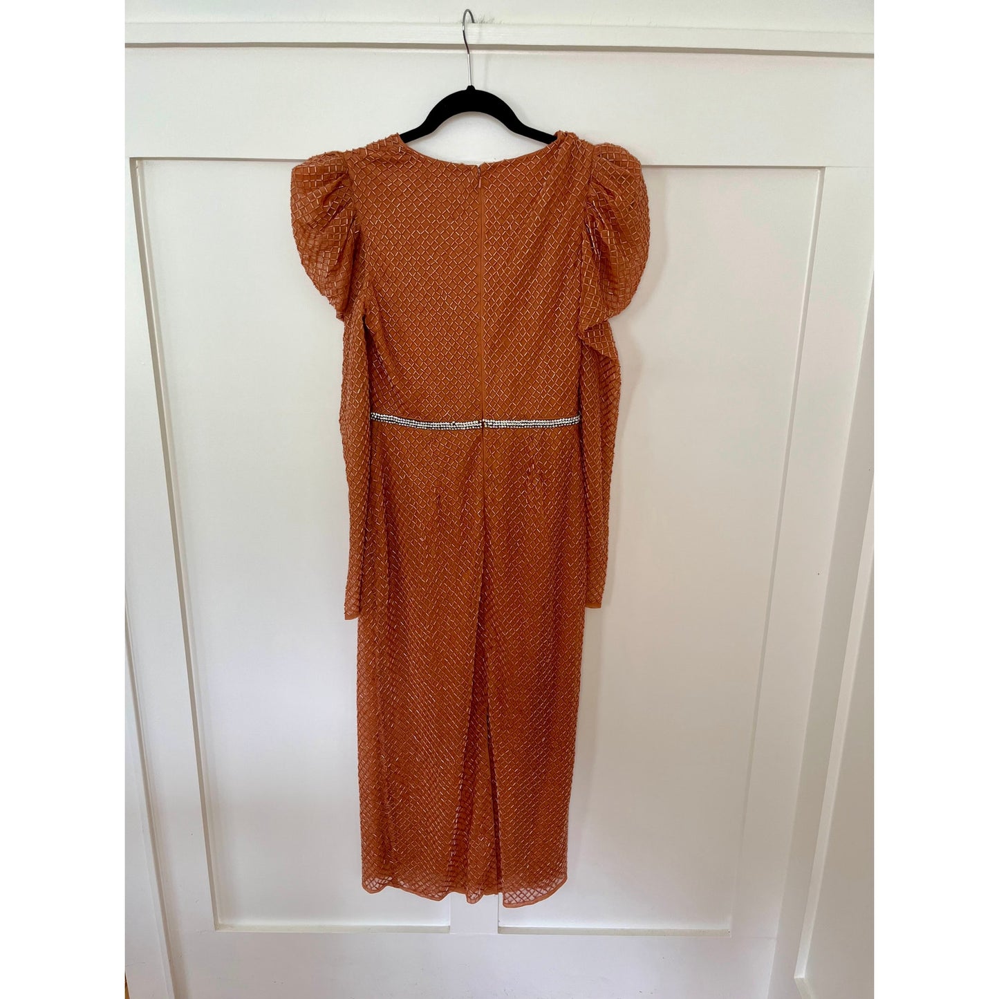 NEW NWT Mac Duggal Beaded Wrap-Over Puff Sleeve Midi Dress 93674 Copper Size 4