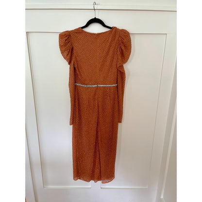 NEW NWT Mac Duggal Beaded Wrap-Over Puff Sleeve Midi Dress 93674 Copper Size 4