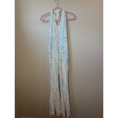 White Iridescent Sequin Halter Jumpsuit Wide Leg Disco Bridal Party Bachelorette