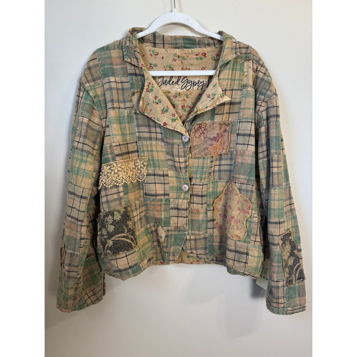 Jaded Gypsy Patchwork Plaid Floral Kimono Jacket Boho Hippie Shacket