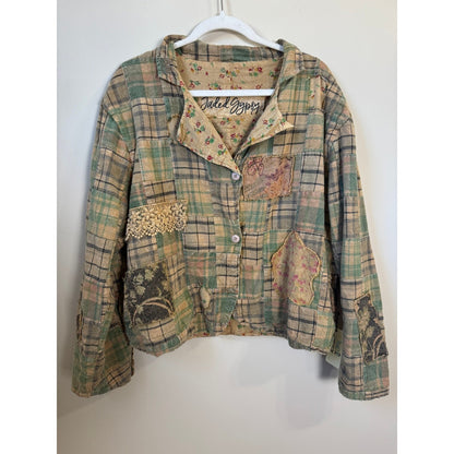 Jaded Gypsy Patchwork Plaid Floral Kimono Jacket Boho Hippie Shacket