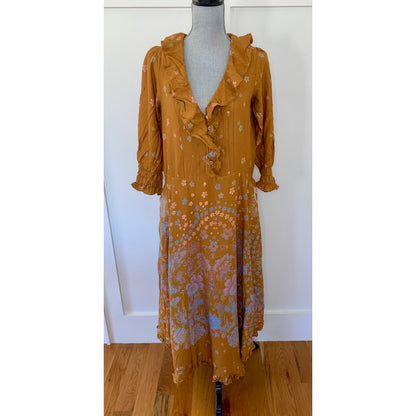 Free People Talsey Boho Floral Peasant Ruffled in Gold Small Floral 3/4 Sleeve