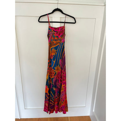Farm Rio Maxi Dress Tropical Floral Print Spaghetti Strap Silk Blend XS