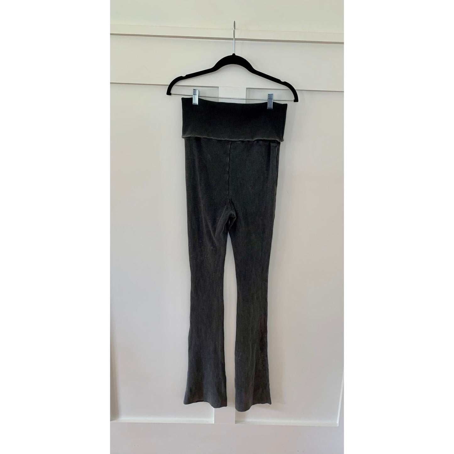 Zara Bootcut Legging Gray Small Ribbed Knit Pull On Foldover Waist Fitness Gym